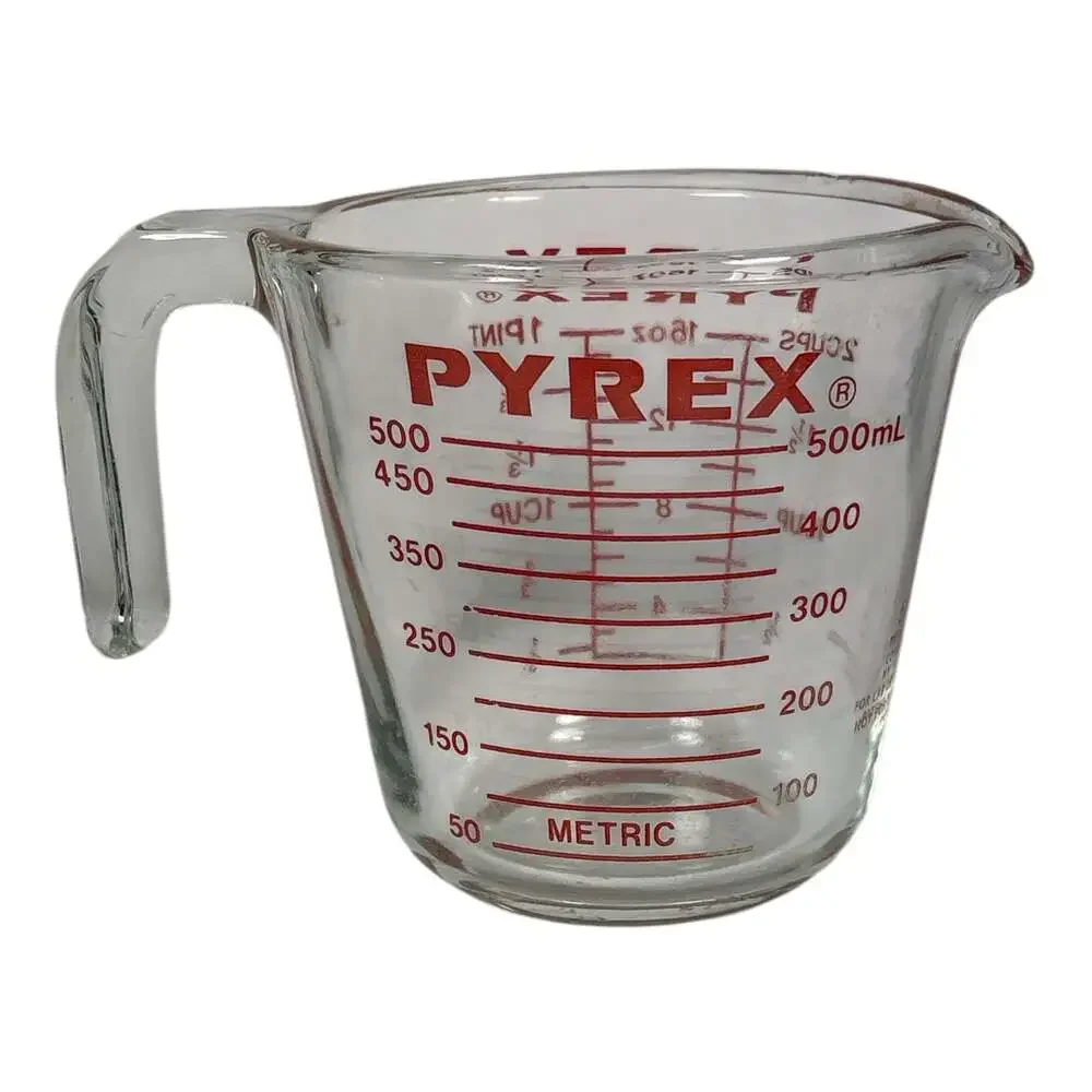 Vintage Pyrex Glass Measuring Cup Red Lettering Open J Handle 2 Cup 1 Pint Chip